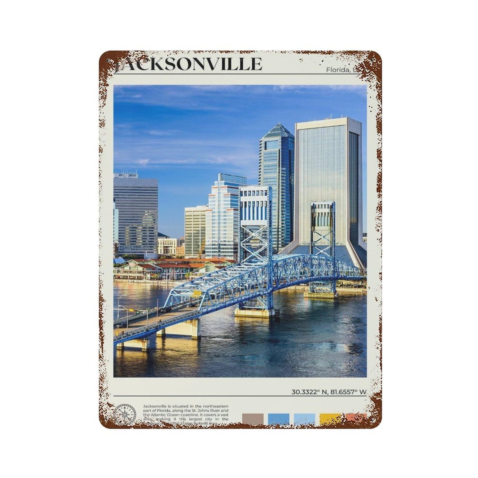xiaoxiaoshen Real Photo Jacksonville Decor Florida Wall Decor Art Metal Tin Poster Modern Home Decor Art Home Bar Shop Decorations Vintage Sign 40x30cm