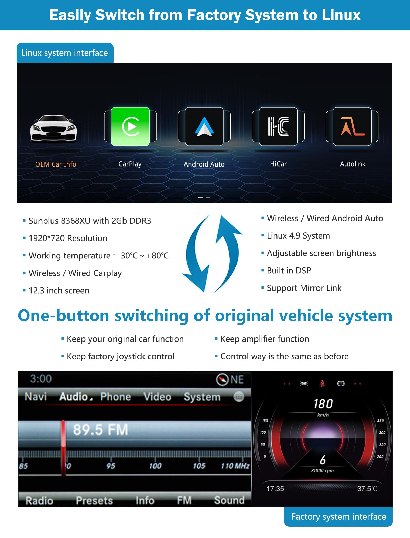 Autoradio 12,3 Pouces avec écran Tactile, CarPlay sans Fil et Android Auto pour Mercedes Benz Classe GLK X204 (2013-2015), NTG4.5/4.7, Compatible MirrorLink, caméra et Navigation.