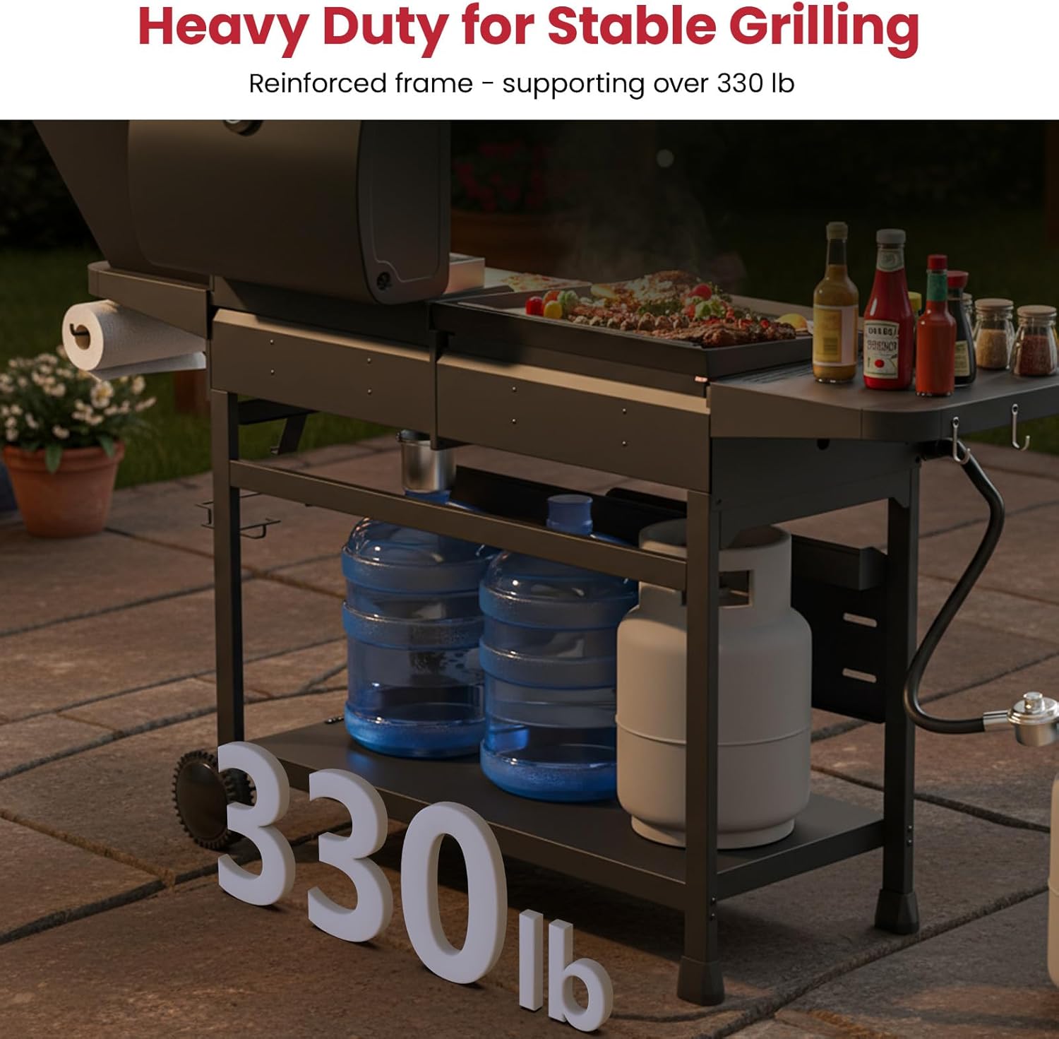 LAUDLIFE Propane Gas Griddle Grill Combo with Side Burner, Non-Stick Porcelain-Enameled Cast Iron Grate & Pan, 5 Burners Dual BBQ Grills, 702 SQ.IN Cooking Area, Heavy-Duty Stand for Backyard
