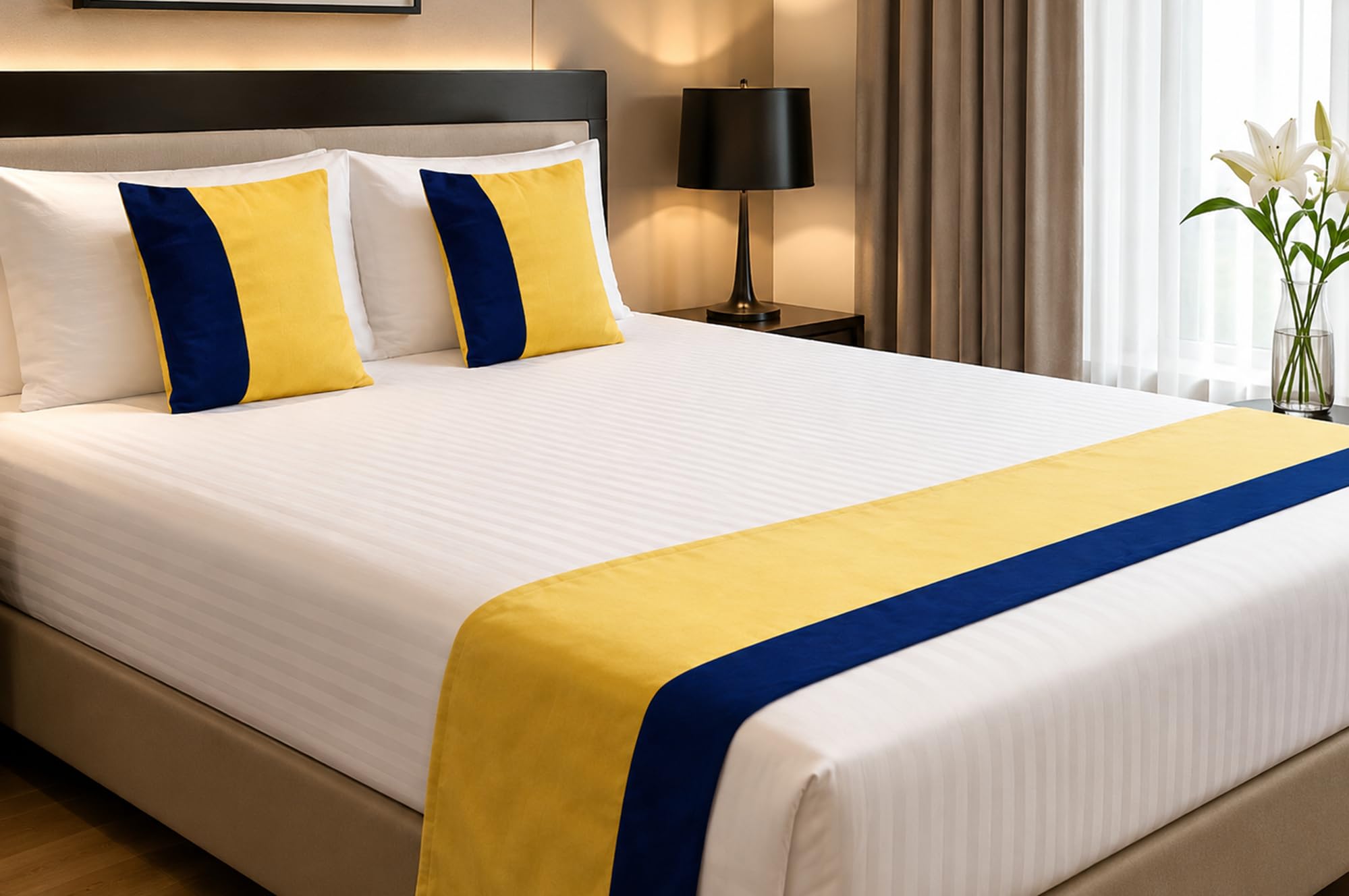 Vissage Yellow and Blue Double Bed Runner with 2 Cushion Covers-picture-29