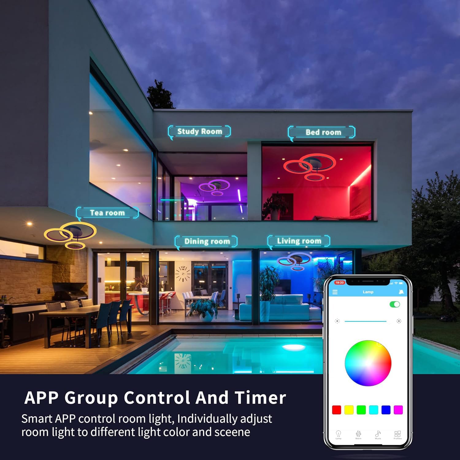 Lampada da soffitto a LED RGB Cambia colore con altoparlante Bluetooth, lampada da soggiorno, luce ad anello, dimmabile, per cameretta dei bambini, con telecomando e app