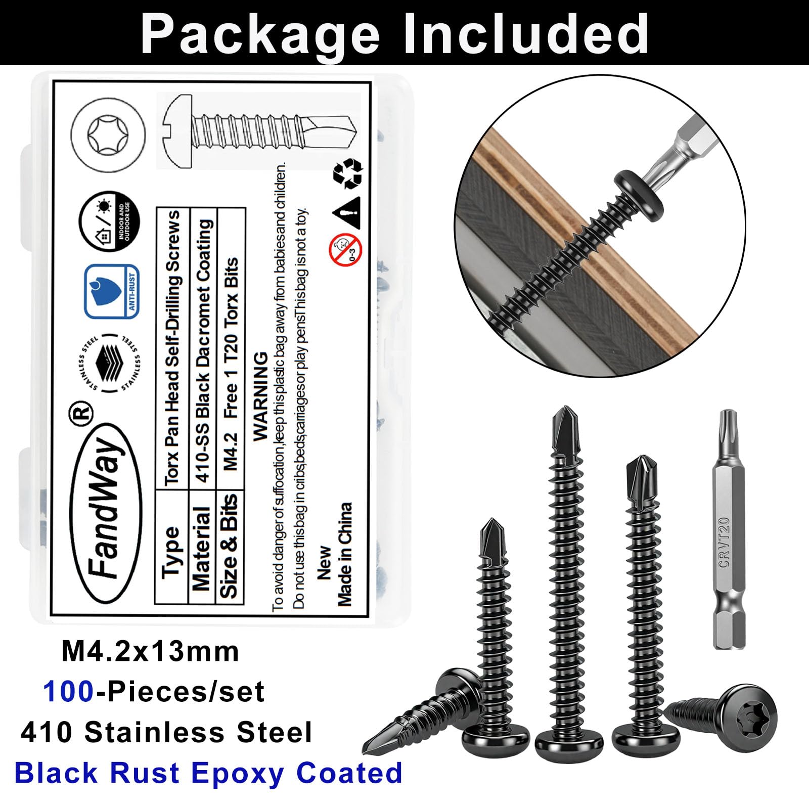 FandWay 100 Pcs Torx Self Tapping Screws for Metal,M4.2x13mm Round Head Self Drilling Screws,Torx Pan Head Tek Screw 410 Stainless Steel Black Coating Sheet Metal Screw With T20 Bits For Alu Steel - Image 2