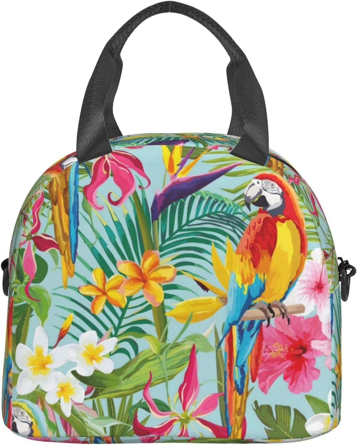 Tropical plants and parrots Print Reusable Lunch Bag Insulated Lunch Boxes for Office Work Picnic Tote Bag Adjustable