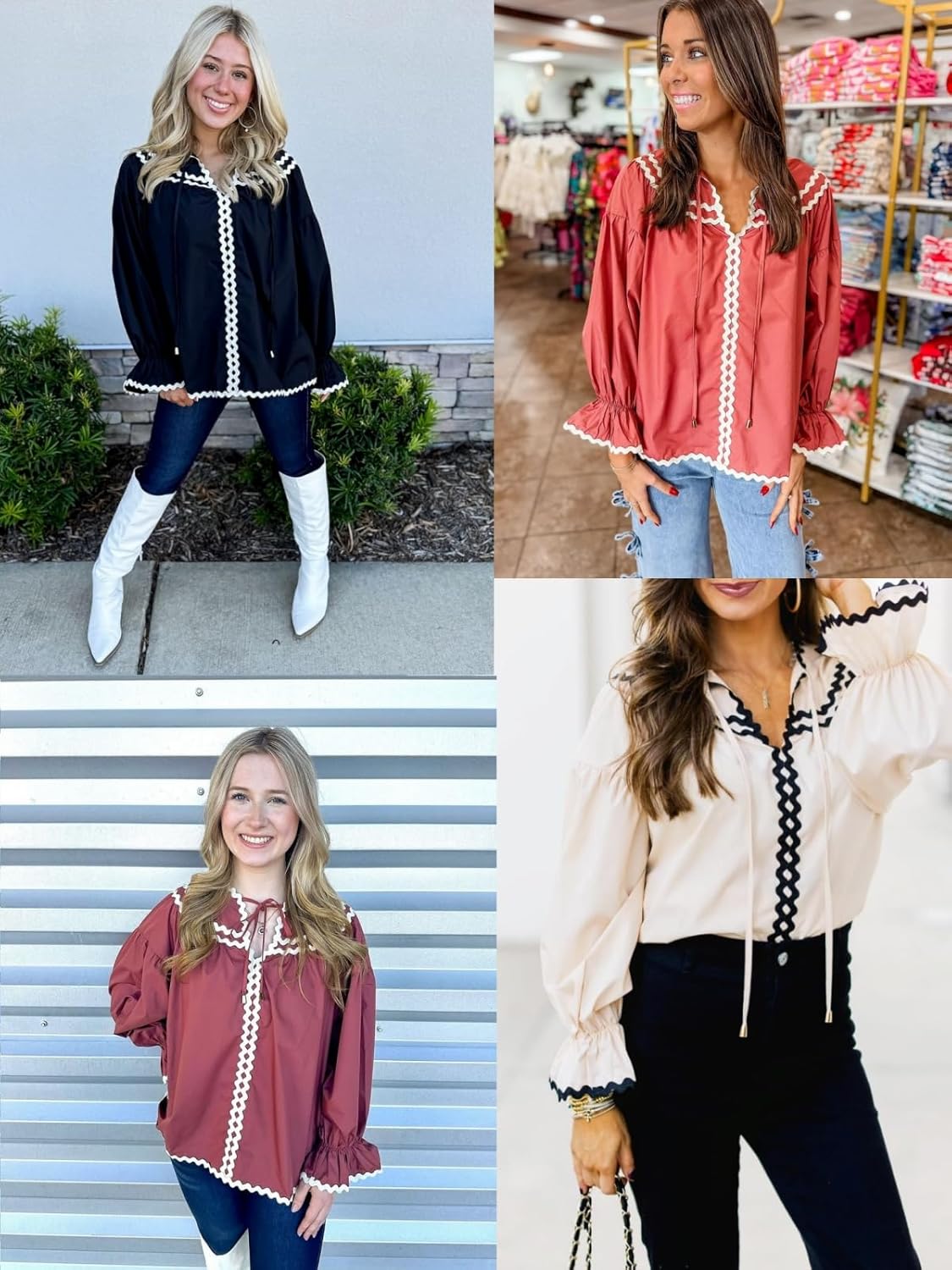 Cicy Bell Womens Ruffle Puff Sleeve Blouse V Neck Trim Shirts Trendy Casual Loose Fit Tops - Image 6