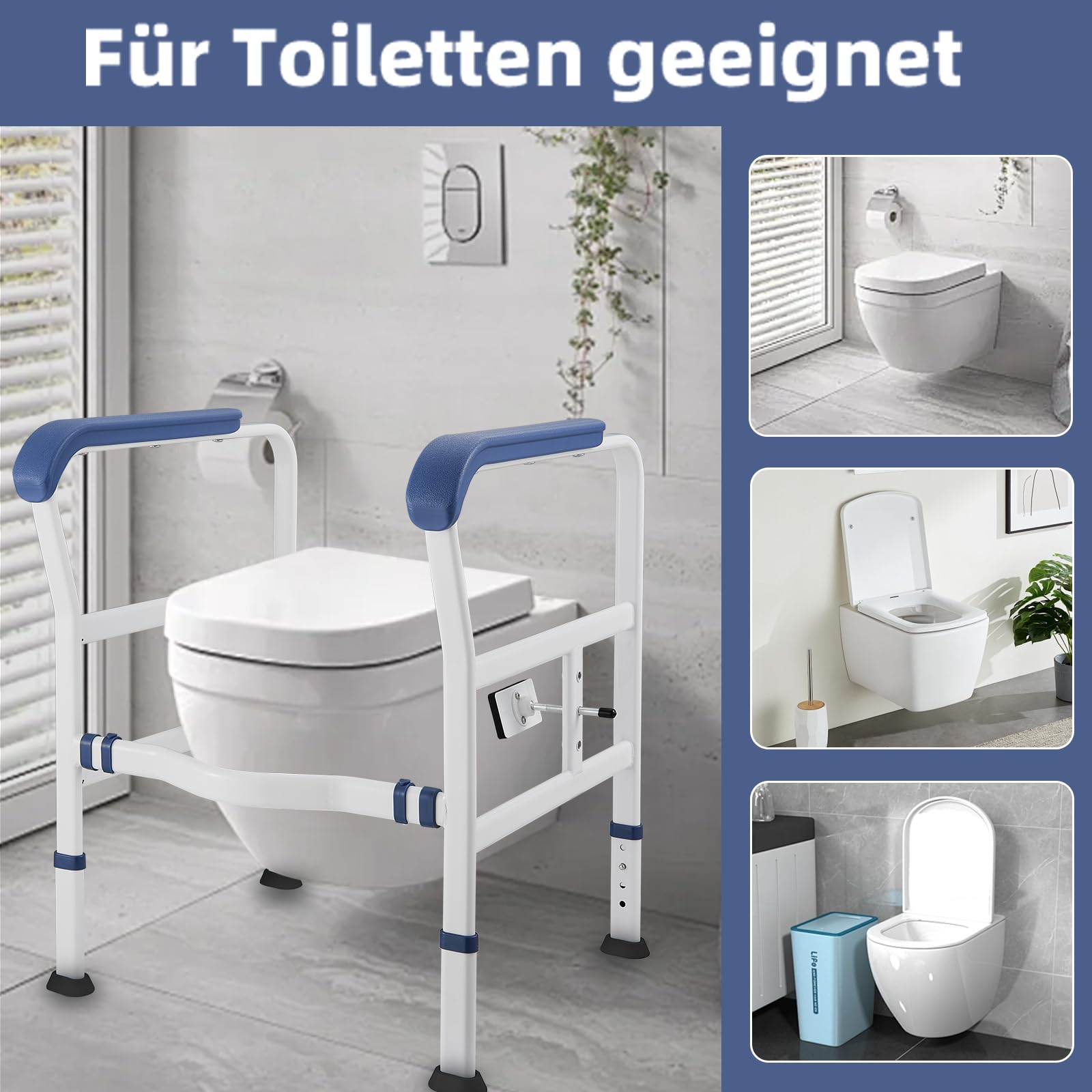 Supporto per WC Montato a Pavimento, Regolabile in Altezza, Telaio di Sicurezza con Braccioli per Anziani/disabili, Senza Foratura