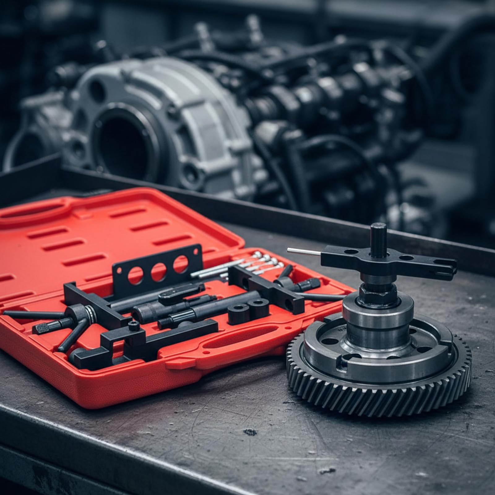 Set di Utensili per Sostituzione Cinghia di Distribuzione con Staffe E Aste di Collegamento per Sistemi Motore Europei in Contenitore Rosso con Impugnatura per Trasporto Facile