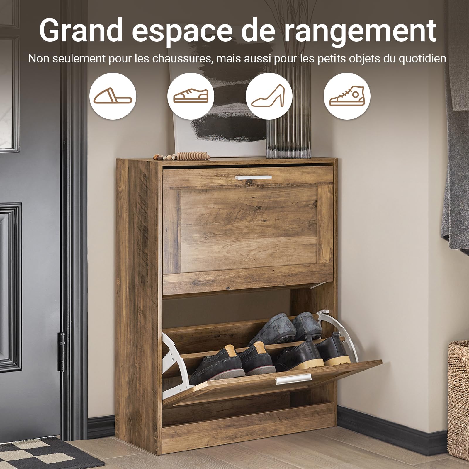 SoBuy Meuble Chaussures avec 2 abattants 60x23x79cm pour entrée | Armoire à chaussures fine avec séparateurs ajustables, MDF/PB E1, anti-basculement, dos semi-ouvert, bois foncé FSR137-F