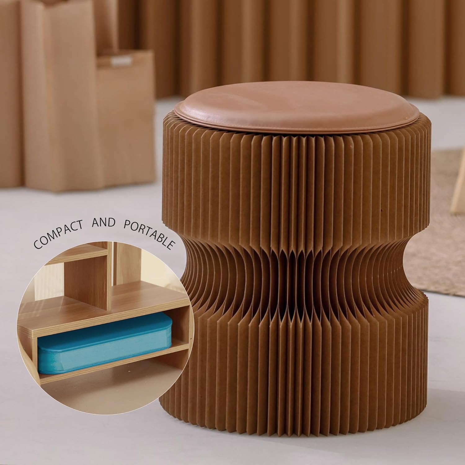 Folding Stool, 660lb Capacity Honeycomb Paper Stool, Eco-Friendly Collapsible Ottoman Side Table, Accordion Design, Portable Sturdy Seat for Home Office Camping Party Mall Booth Gifts, Brown