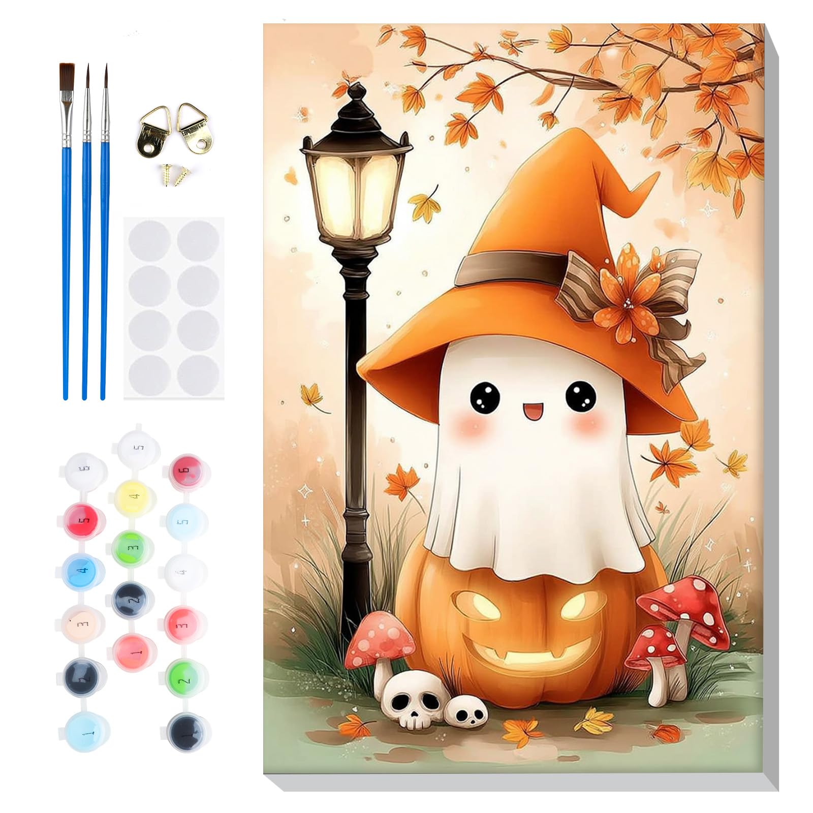 Lxmsja Halloween Framed Paint by Numbers for Adults Beginners, Ghost Painting by Numbers on Canvas, DIY Acrylic Autumn Painting Art and Crafts Kit Gifts for Home Wall Decor, 8x12in