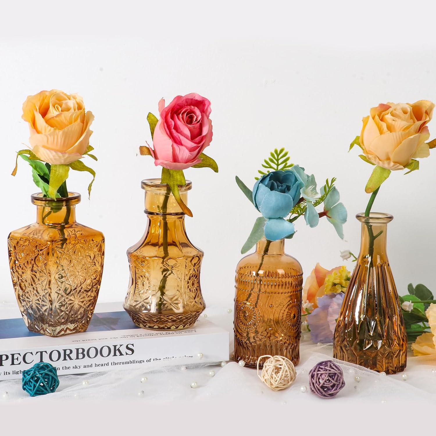 BIGIVACA Glass Bud Vases Set of 12 - Small Amber Flower Vase for Wedding Centerpieces, Home Decor, Party Decorations