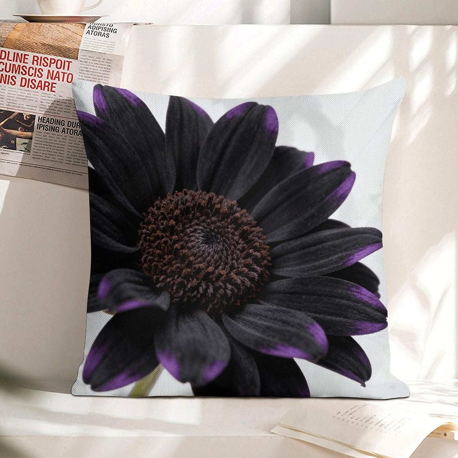 Black Daisy Pillow Protectors Cute Waterproof Pillow Cover Soft Skin-Friendly Cushion Case Decorative Square Cushion Cover for Couch Sofa Bed Living Room Bedroom