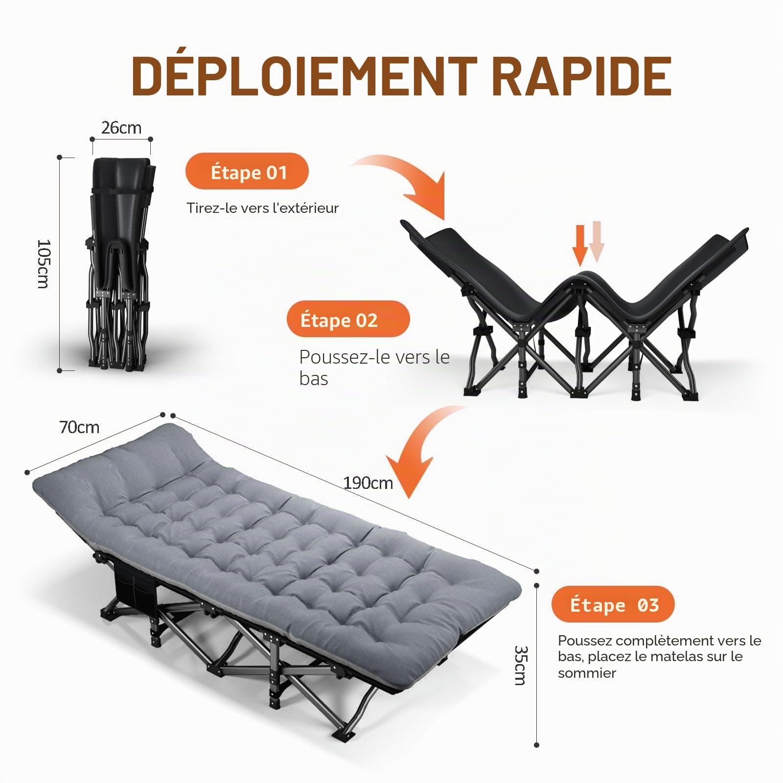 ATORPOK SHOP Lit de camping lit de camp pliable, Lit d'appoint pliable jusqu'à 200 kg, avec poche latérale, chaise longue de camping portable, extérieur, jardin, voyage, camping, intérieur (gris)