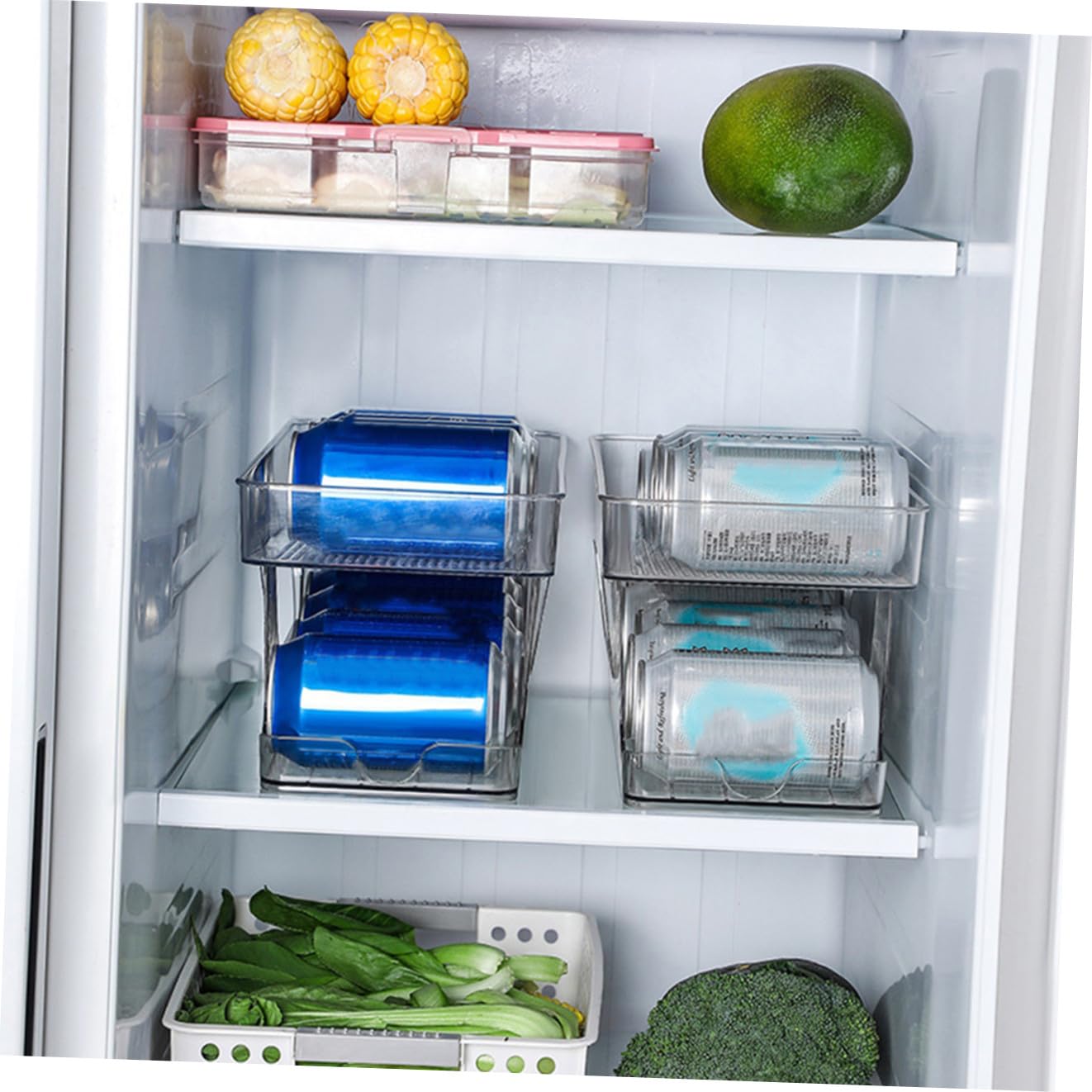 Organizzatore per Frigorifero a 2 Livelli in Pet, Portabibite Trasparente a Rotolamento, Comodo per Ordinare e Conservare Lattine in Cucina
