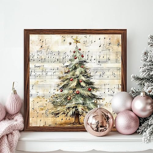 Miniatura 6 de Árbol de Navidad rústico, notas musicales, letrero de madera, con marco, arte de pared para decoración de habitación de Navidad, vacaciones,
