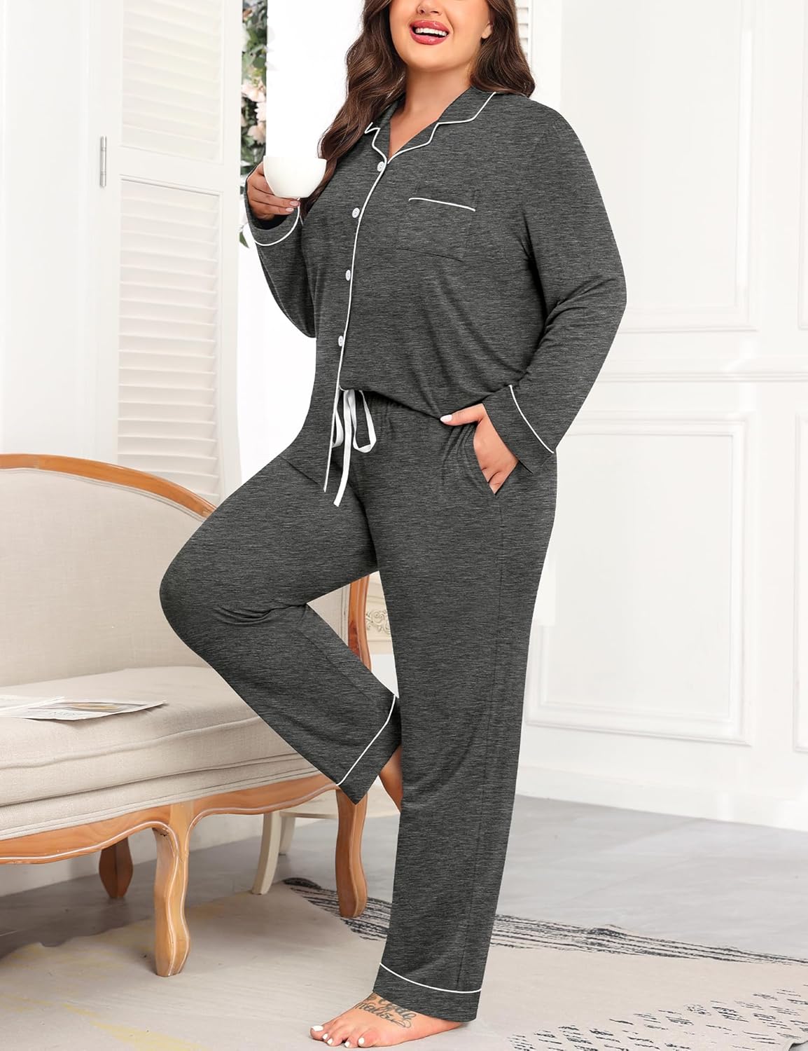 SWOMOG Women's Plus Size Pajamas Set Long Sleeve Sleepwear Button Down Tops Soft Pajama Pants 2 Pcs Lounge Sets with Pocket - Image 2