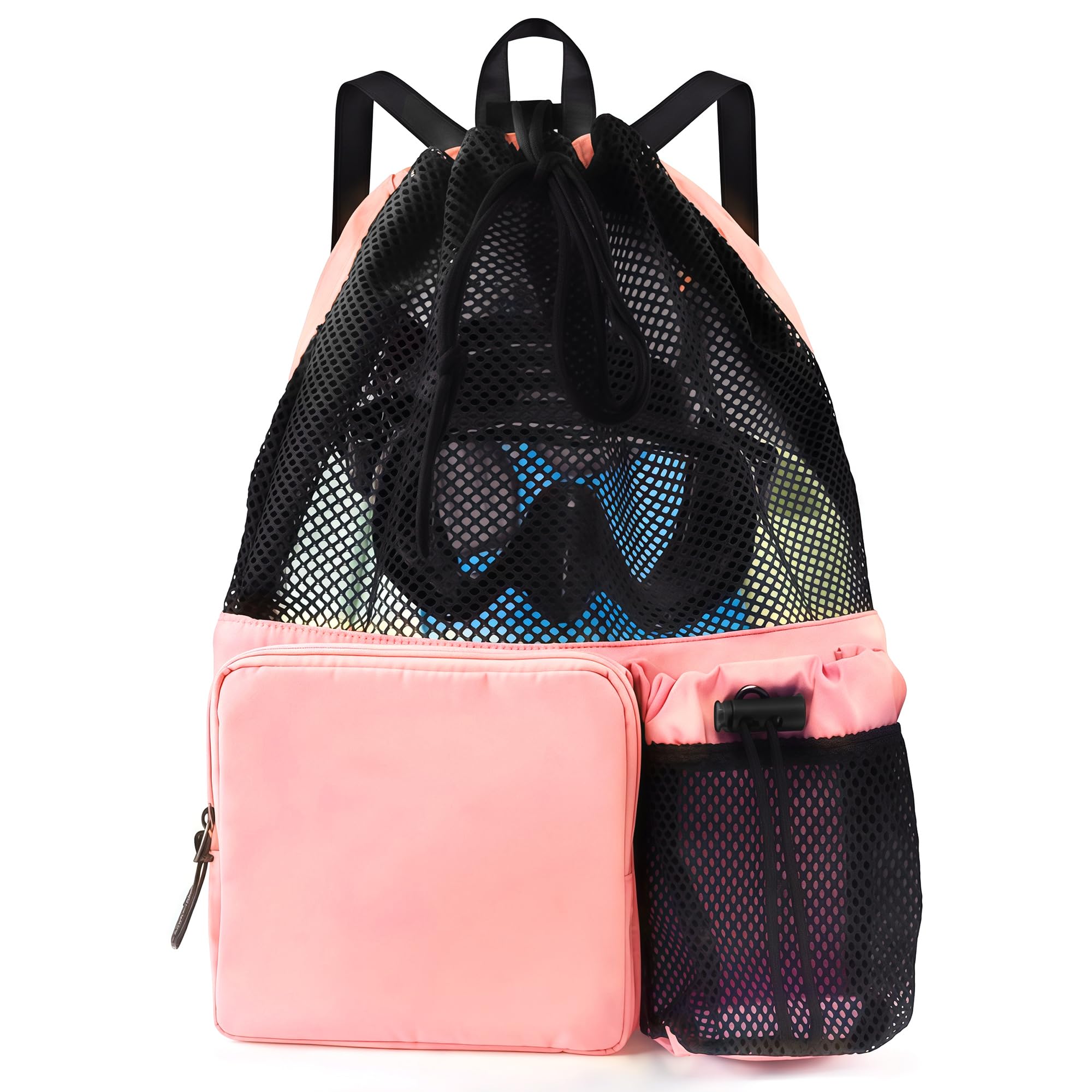 ReignSword Large Capacity Mesh Swim Backpack with Pocket Drawstring, Waterproof Beach Bag for Swimming, Gym, and Workout Gear (Pink)