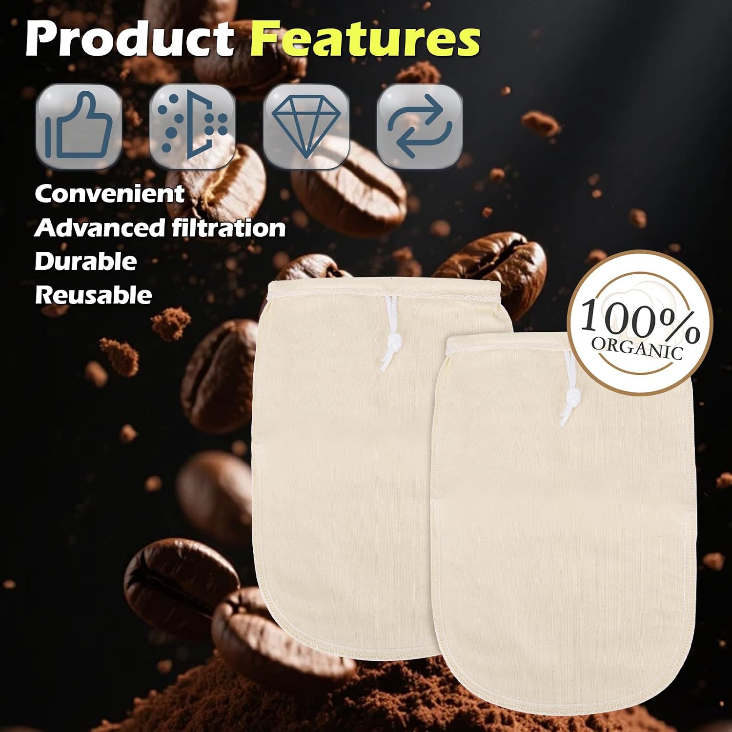 Organic Cotton Cold Brew Coffee Filter Bags, 2 Pack, 8x12 Inch image 2