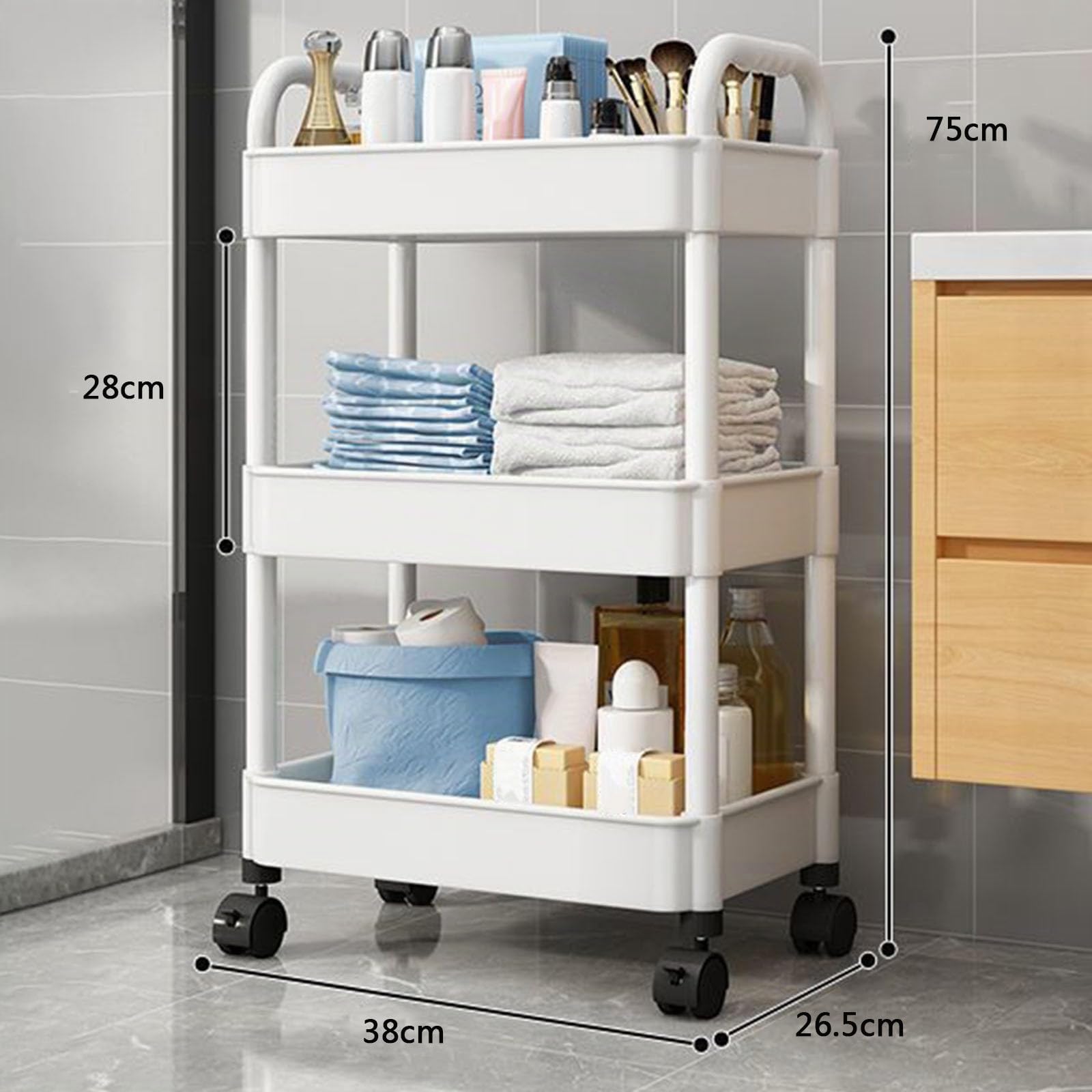 Generisch Carrello portaoggetti a 3 ripiani, carrello da cucina con ruote, organizer multifunzione, girevole a 360°, scaffale mobile, per cucina, camera da letto, camera dei bambini e