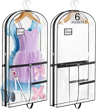SLEEPING LAMB Dual-sided 6 Pockets Dance Garment Bags for Dancers, 40" Clear Kids Dance Costume Bag for Dance Competition Hanging Garment Bag for Ballet, Outfits, Cheer Uniform, Dress, 2 Packs, Black