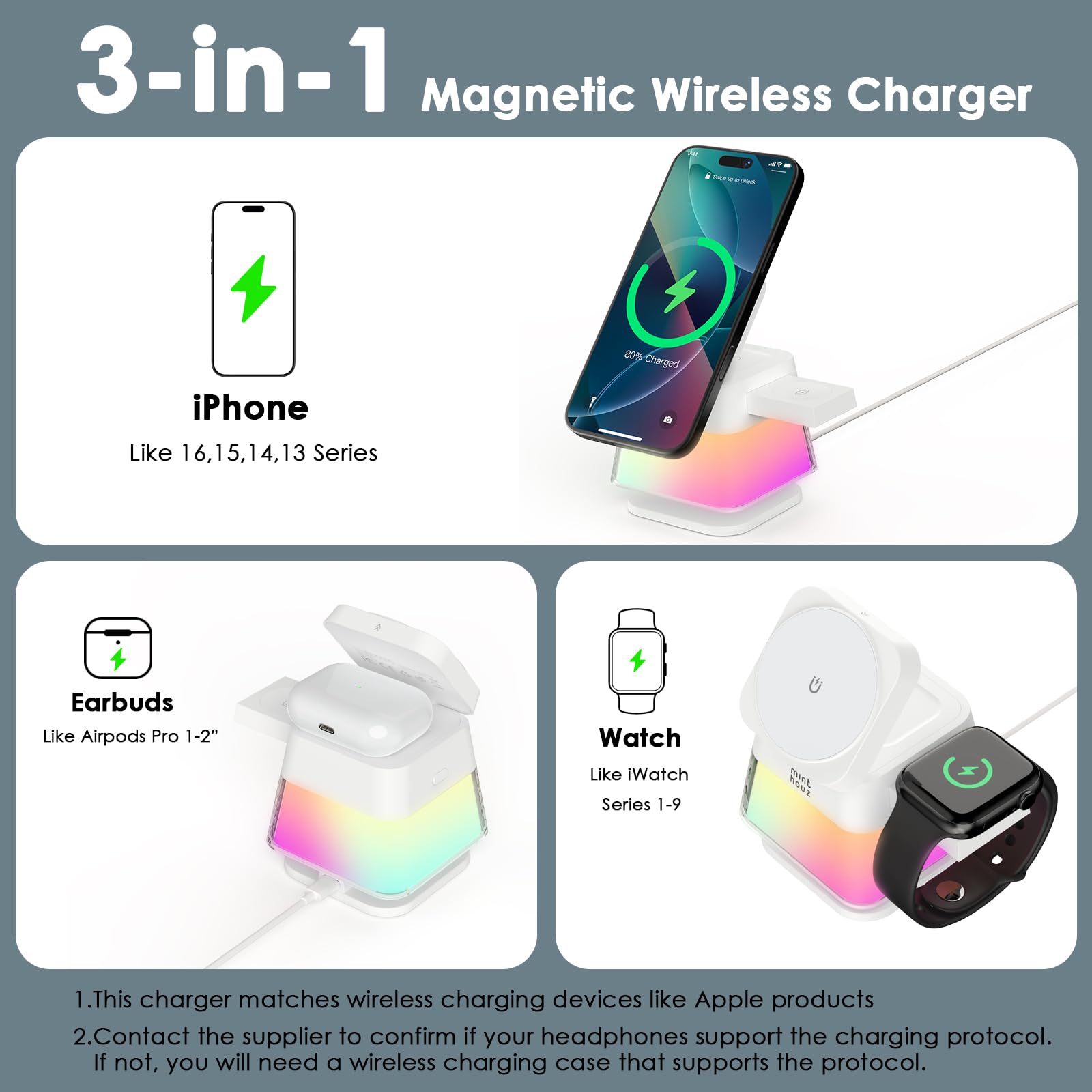 Minthouz Stazione di ricarica 3 in 1 per iPhone, caricabatterie wireless veloce da 15 W con lampada notturna, supporto magnetico pieghevole da viaggio per iPhone 17/16 15 14 13/Apple Watch/AirPods