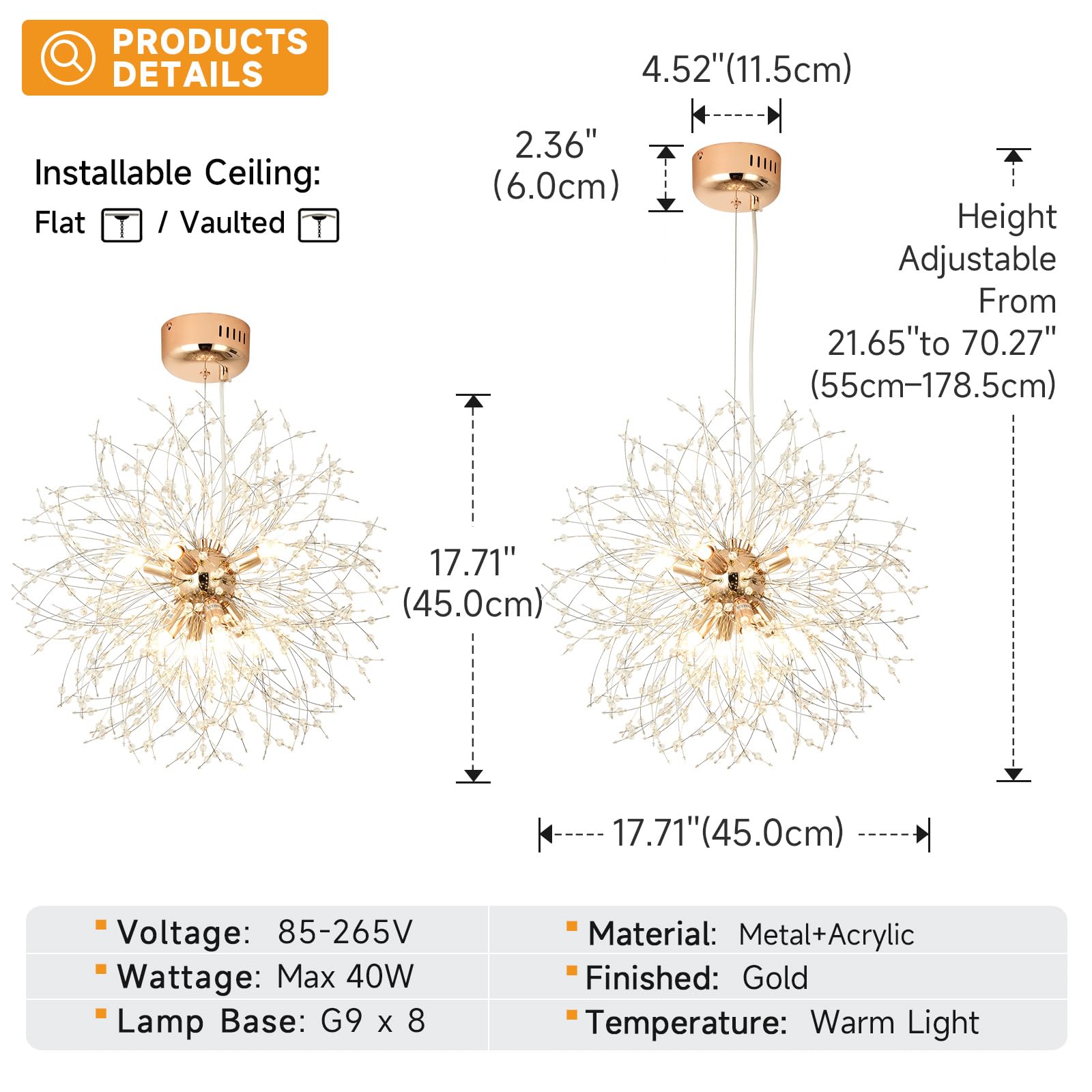 Lampadari moderni a forma di fuochi d'artificio Lampada a sospensione Dandelion, oro 8 luci G9 Lampadari con cristalli Lampada da salotto, camera da letto, sala da pranzo, ingresso, Φ45 cm
