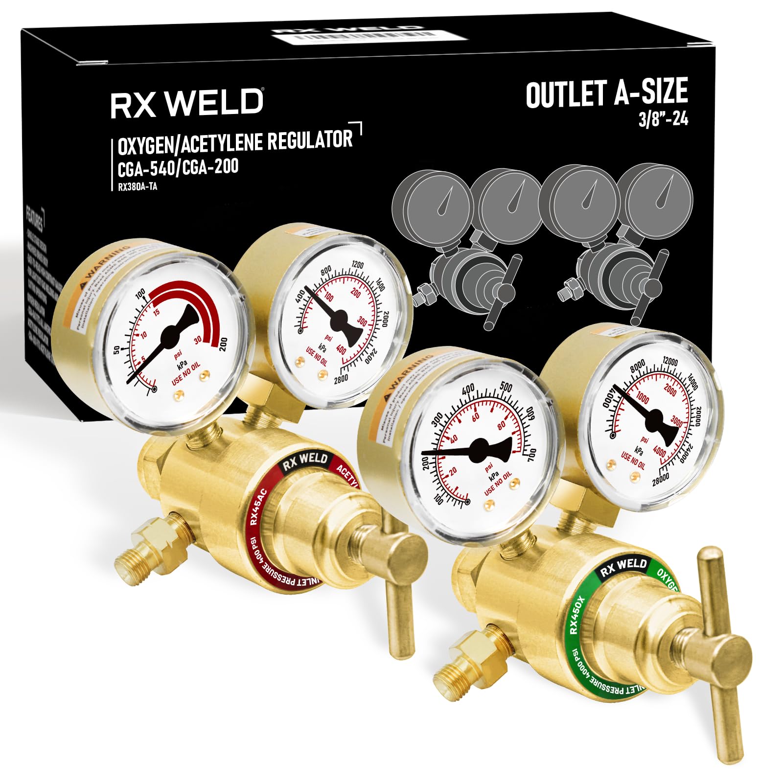 RX WELD Light Duty Oxygen Acetylene Regulator Set, CGA-540 Oxygen/CGA-200 Acetylene (For Small MC Tanks), Outlet 3/8"-24 A-Size