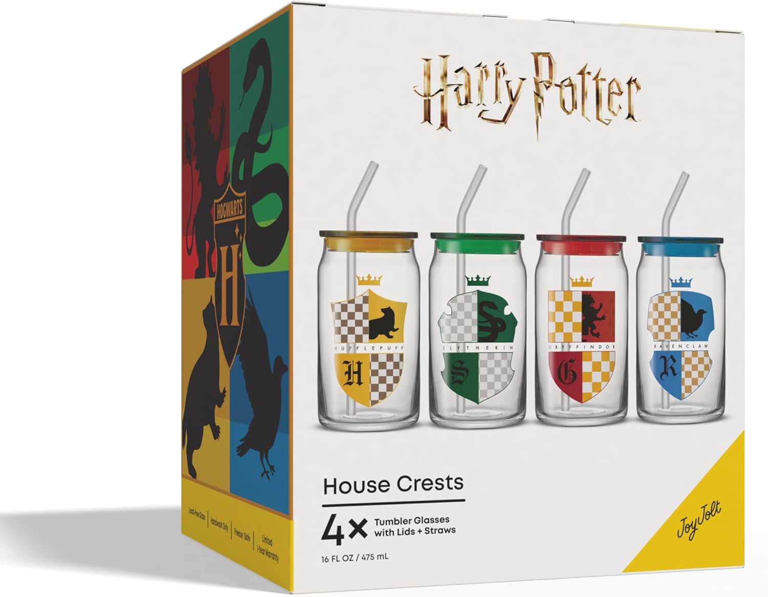 JoyJolt Harry Potter House Crests Glass Tumblers with Lids and Straws, 16oz Glass Cups with Lids and Straws, Can Shaped Drinking Glasses Set of 4, Hogwarts Cup, Harry Potter Merchandise - Image 8