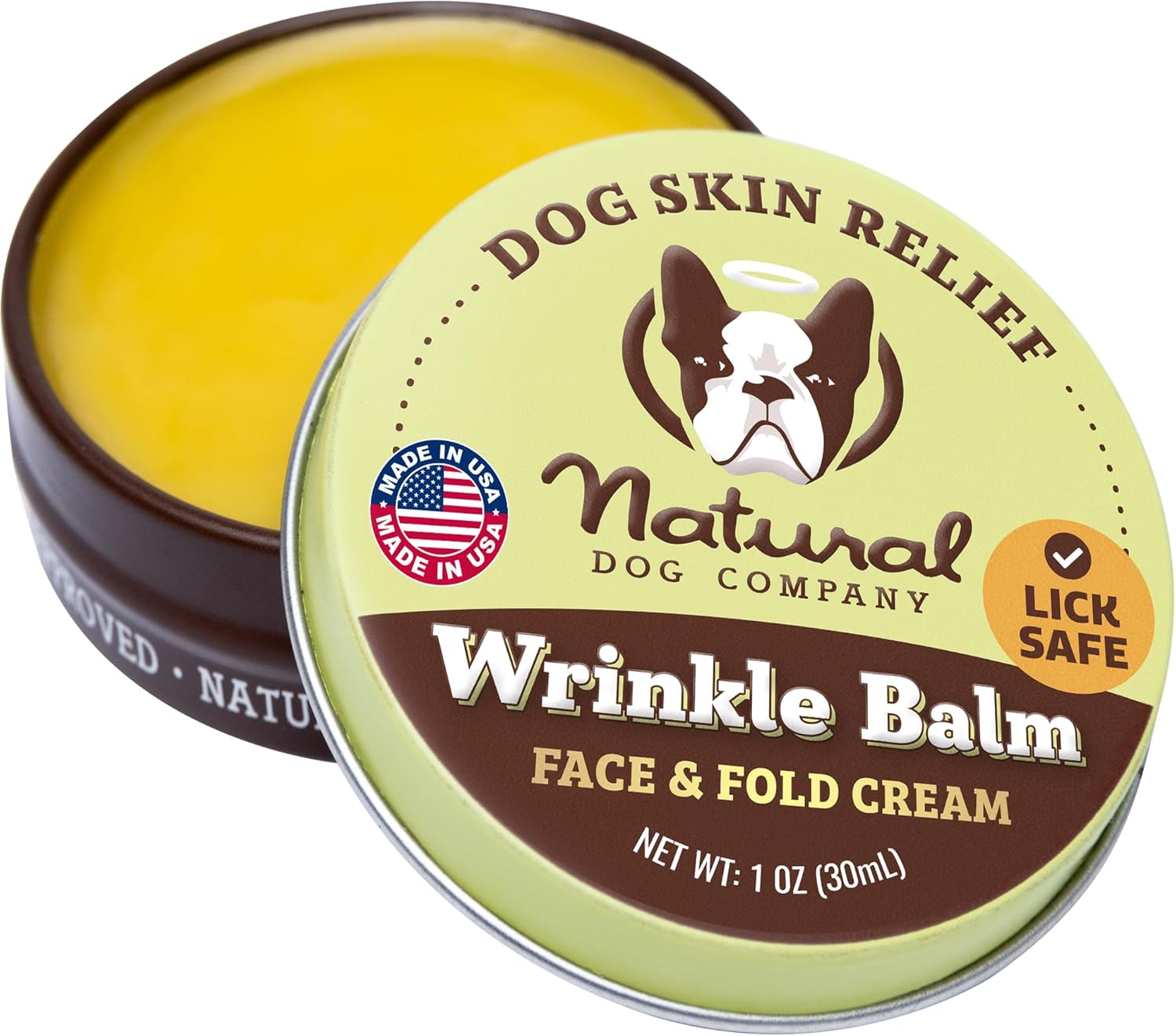 Natural Dog Company Wrinkle Balm for Dog Wrinkles (1oz Tin) All-Natural, Lick-Safe Dog Lotion for Dry Itchy Skin, French Bulldog Skin Care, Moisturizes & Cleans Wrinkle Folds, Plant-Based, Made in USA