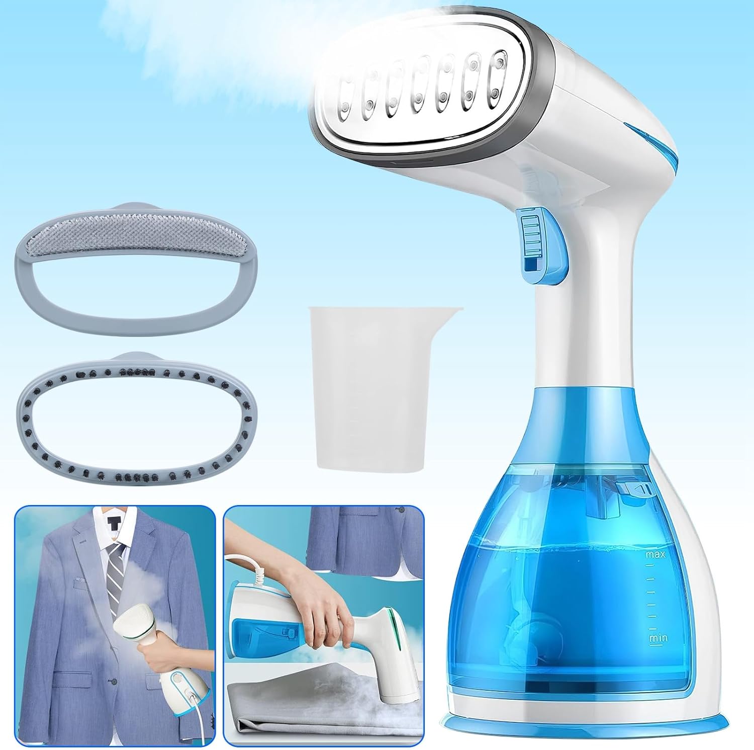 TeqHome Handheld Garment Steamer for Clothes, 1500W Portable Clothes Steamer Wrinkle Remover with 2 Brushes & Measuring Cup, Fabric Steamer Steam Iron for Home Travel, 30s Fast Heat-up, 9.5Oz Capacity