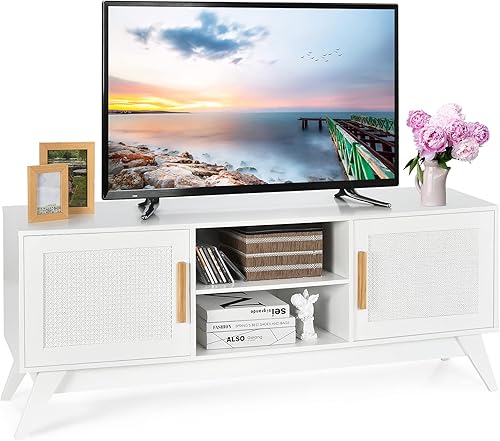 Tangkula Soporte de TV de ratán para televisores de hasta 65 pulgadas centro de entretenimiento con estante ajustable de 3 niveles 2 armarios