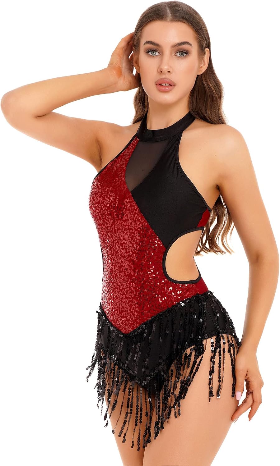 Vxuxlje Women's Latin Dance Dress Sequins Tassel Dress Salsa Cha-Cha Rumba Ballroom Fringe Bodysuit