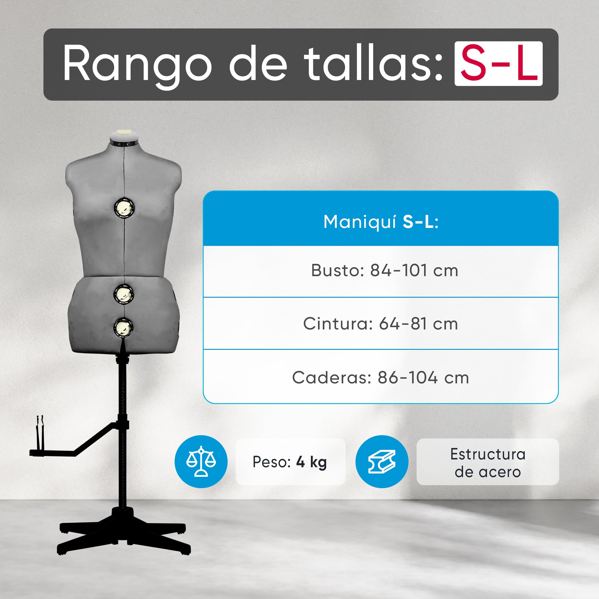 EFFEKTIV - Mannequin Couture Femme pour Exposition de Couturières, Mannequin Couture Femme Reglable en Hauteur, Design Ergonomique avec Fixateurs, 13 éléments, Taille S-L (36 - 44 Euro), Grise