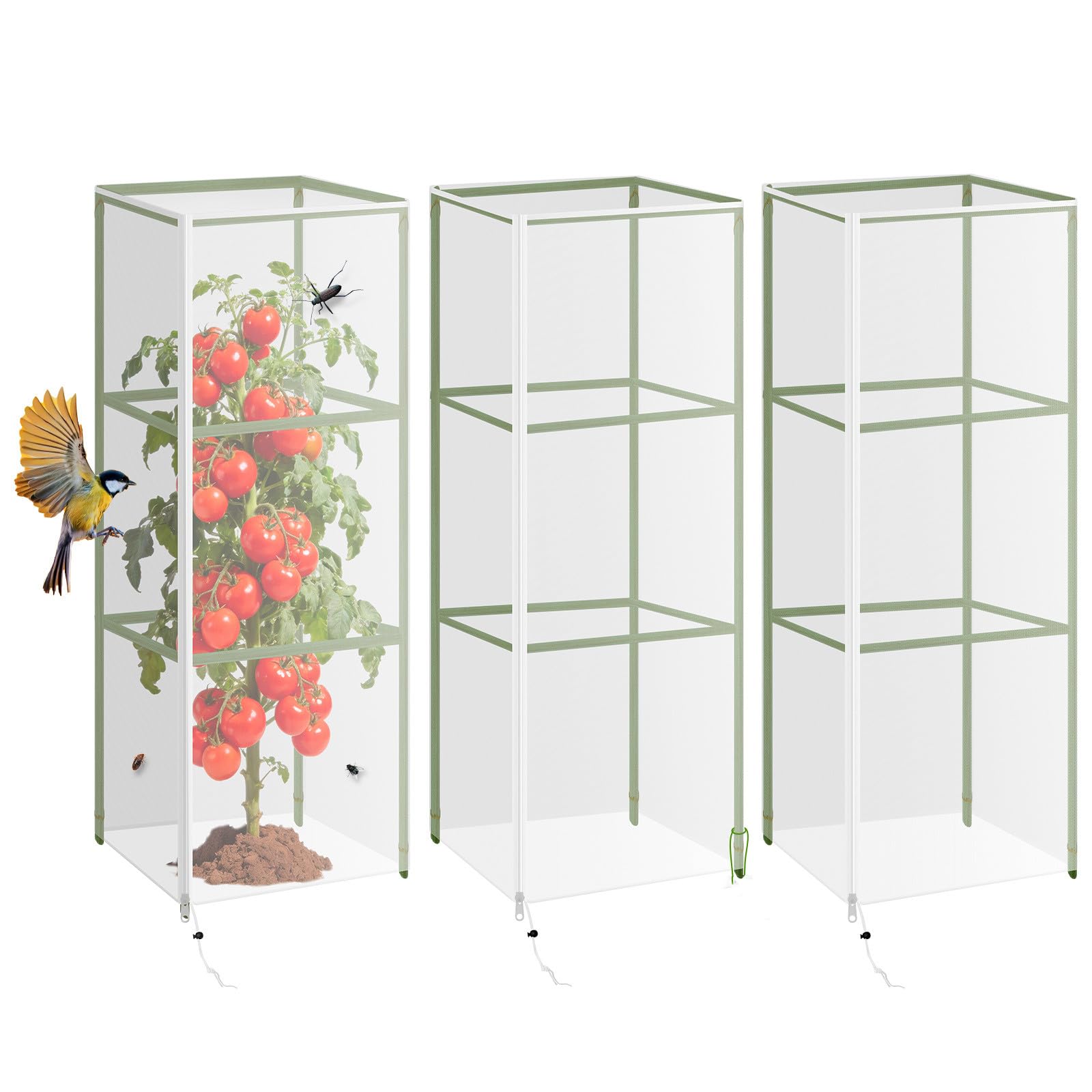 3 Pcs Garden Bird Netting Plant Cover with Zipper and Drawstring 45x45x150cm Fine Mesh Tomato Cage Bird Barrier Plants Trelli Netting Protection Cover Vegetables Fruits Net(no pole)