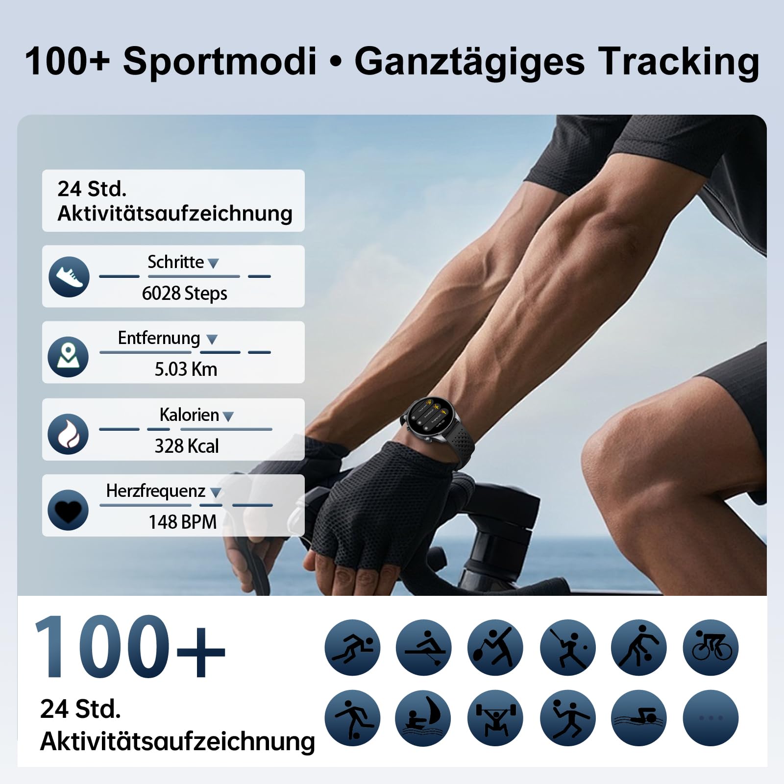 Smartwatch Herren mit GPS 30m Wasserdicht, Laufuhr für Android und iOS Blau | Herren Fitness Uhr Bluetooth Anruf Zolovip 1,44 Zoll AMOLED Rundes Display, Herzfrequenz/Schlaf/SpO2-Monitor, 100+ Sportmodi