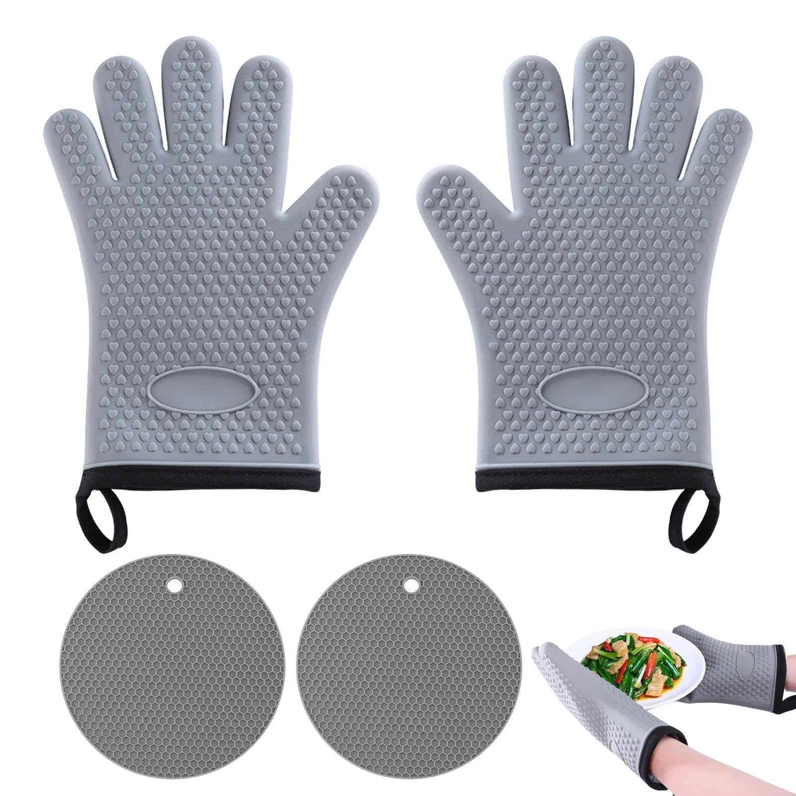 Silicone Oven Gloves & BBQ Gloves Pair with 2 Non-Slip Pads Heat Resistant to 500°F Waterproof Kitchen Gloves for Baking Cooking Grilling, Non-Slip 5-Finger Design for Adults - Grey