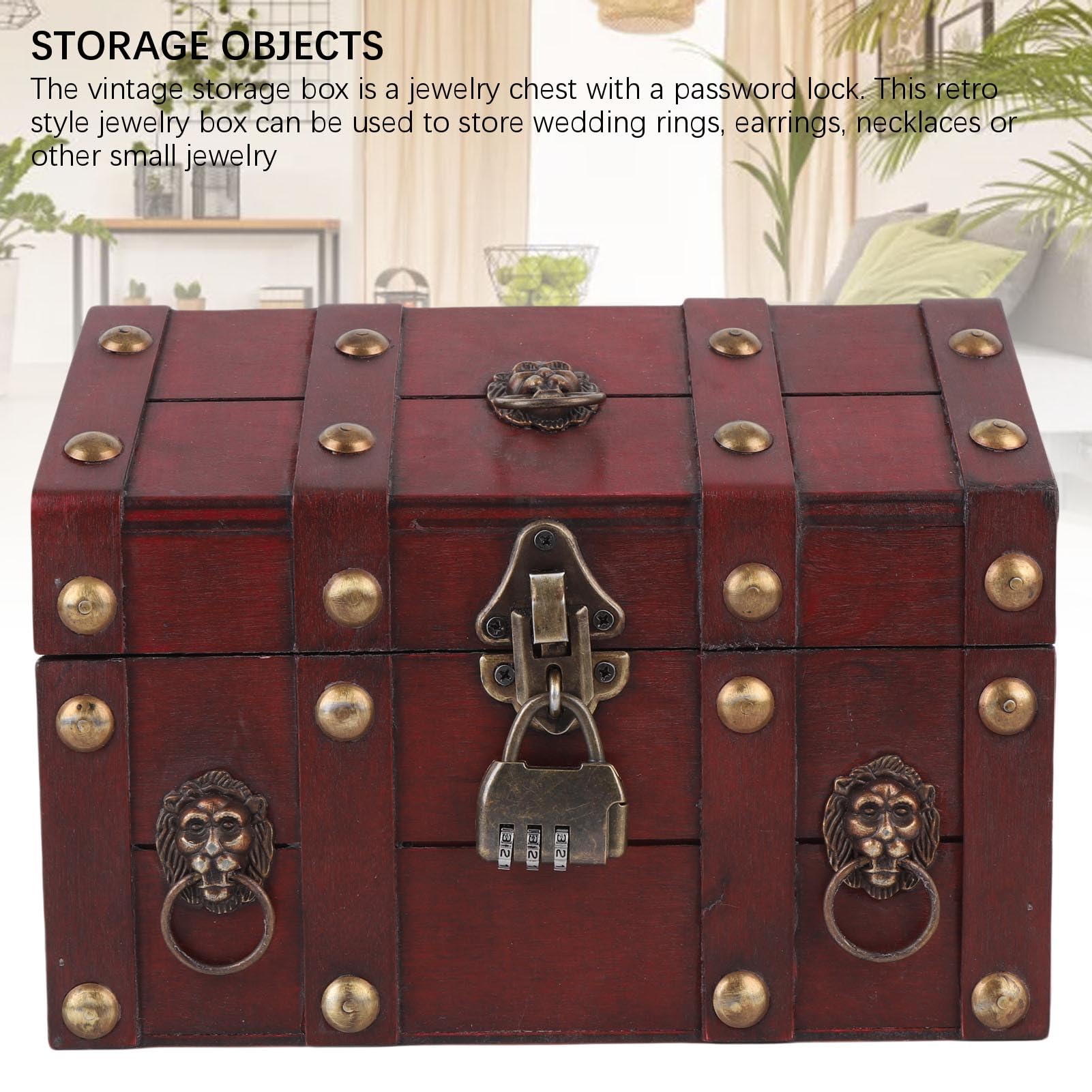 Drewniane pudełko do przechowywania biżuterii w stylu vintage, dekoracyjny organizer na biżuterię z pokrywą na zawiasach i zamkiem na hasło (6300J-01GK10 retro czerwony)