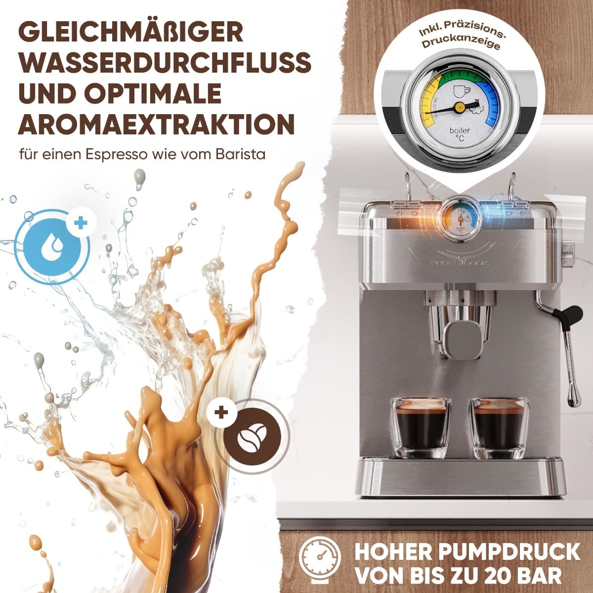 ProfiCook Espressomaschine | Espressoautomat inkl. Siebträger | italienische Profi-Espressopumpe 20 bar | für Kaffeepulver und Nespresso kompatible Kapseln | Kaffeemaschine Siebträger | PC ES 1267