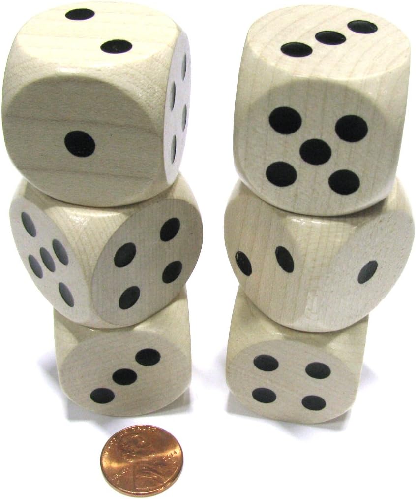 Set of 6 D6 Large Jumbo 30mm Rounded Wood Dice - Wooden with Black Pips