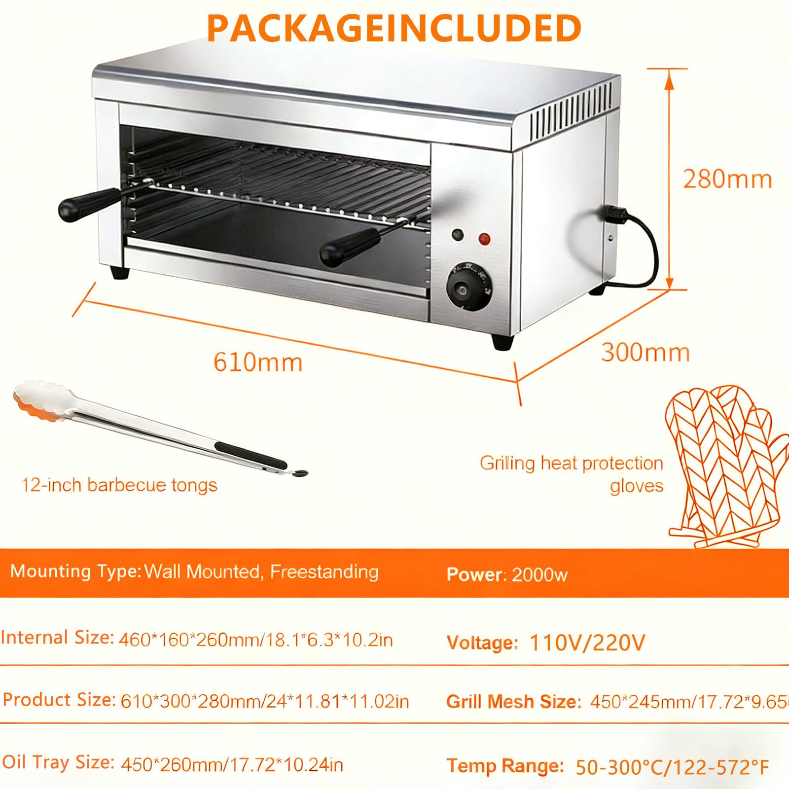 Parrilla eléctrica para fundir Queso, Parrilla Profesional de Interior para Carne de Res y Pollo (50–300 °C), cocedor de Carnes de Acero Inoxidable, para Uso doméstico y Profesional