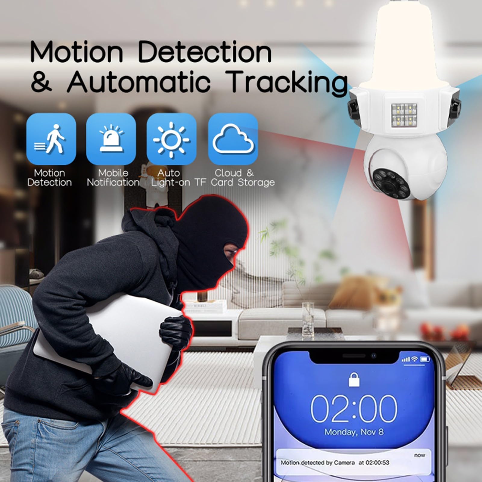 Cryfokt Telecamera di Sicurezza a Lampadina, 2 Obiettivi con Visione Ampia da 110 Gradi, Wireless WiFi da 2,4 GHz, Rilevamento del Movimento, con PTZ a 360 Gradi e Visione Notturna, per