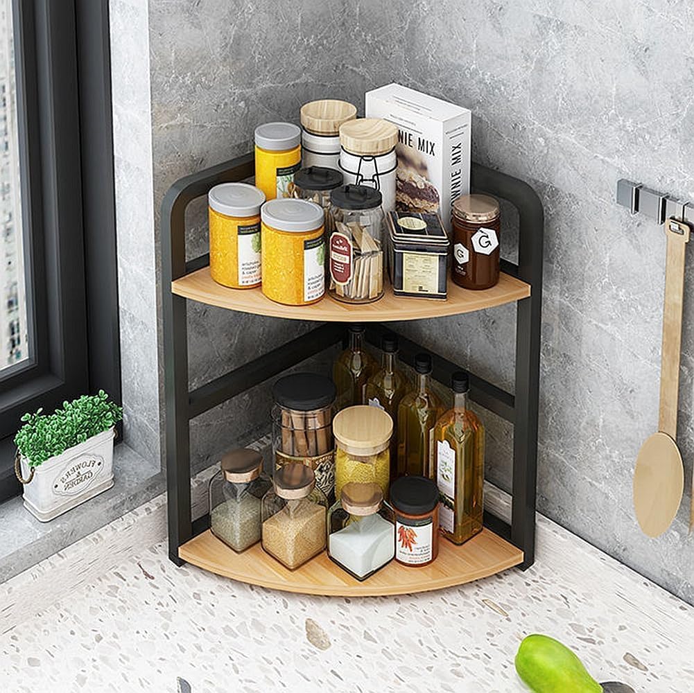 Eckregal aus Holz mit 2 Ebenen – dreieckiger Eisen-Schreibtisch für Küchenzubehör, perfekt für die Aufbewahrung von Gewürzen, Gewürzen und kleinen Gegenständen.