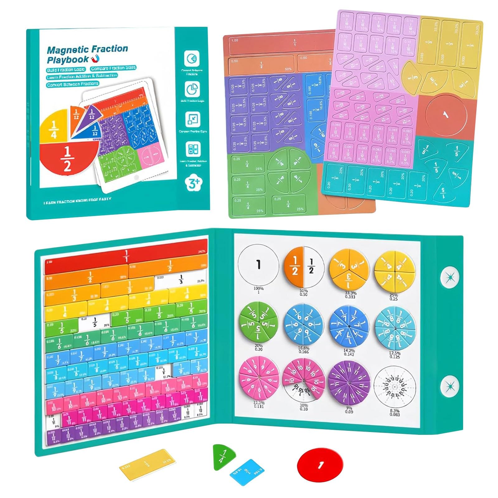 Magnetic Fraction Educational Puzzle, Educational Math Magnetic Fraction Tiles & Fraction Circles Set, Math Learning Manipulatives Montessori Learning Toys for Maths Skills Preschool (1 Set)