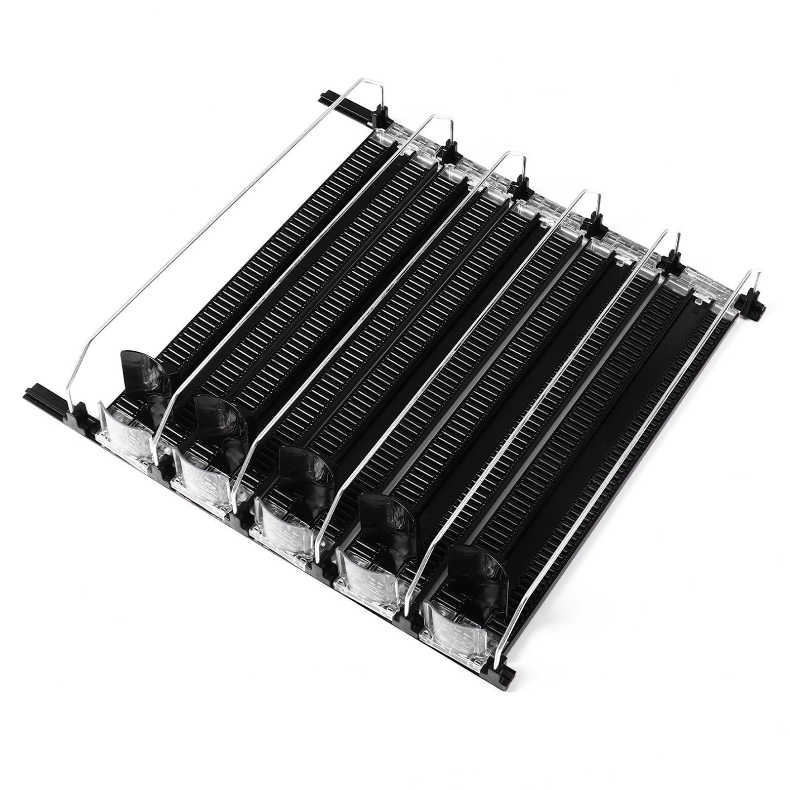 Dispensador de bebidas de refrigerador autocontrol, ajuste de ancho, refrescos a prueba de lluvia puede organizador de refrigerador, contiene latas y botellas, negro (5PCS)