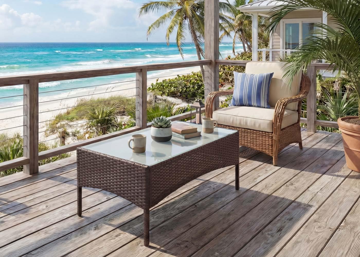 Mendler Poly-Rattan Gartentisch Halden, Beistelltisch Tisch mit Glasplatte - braun-meliert