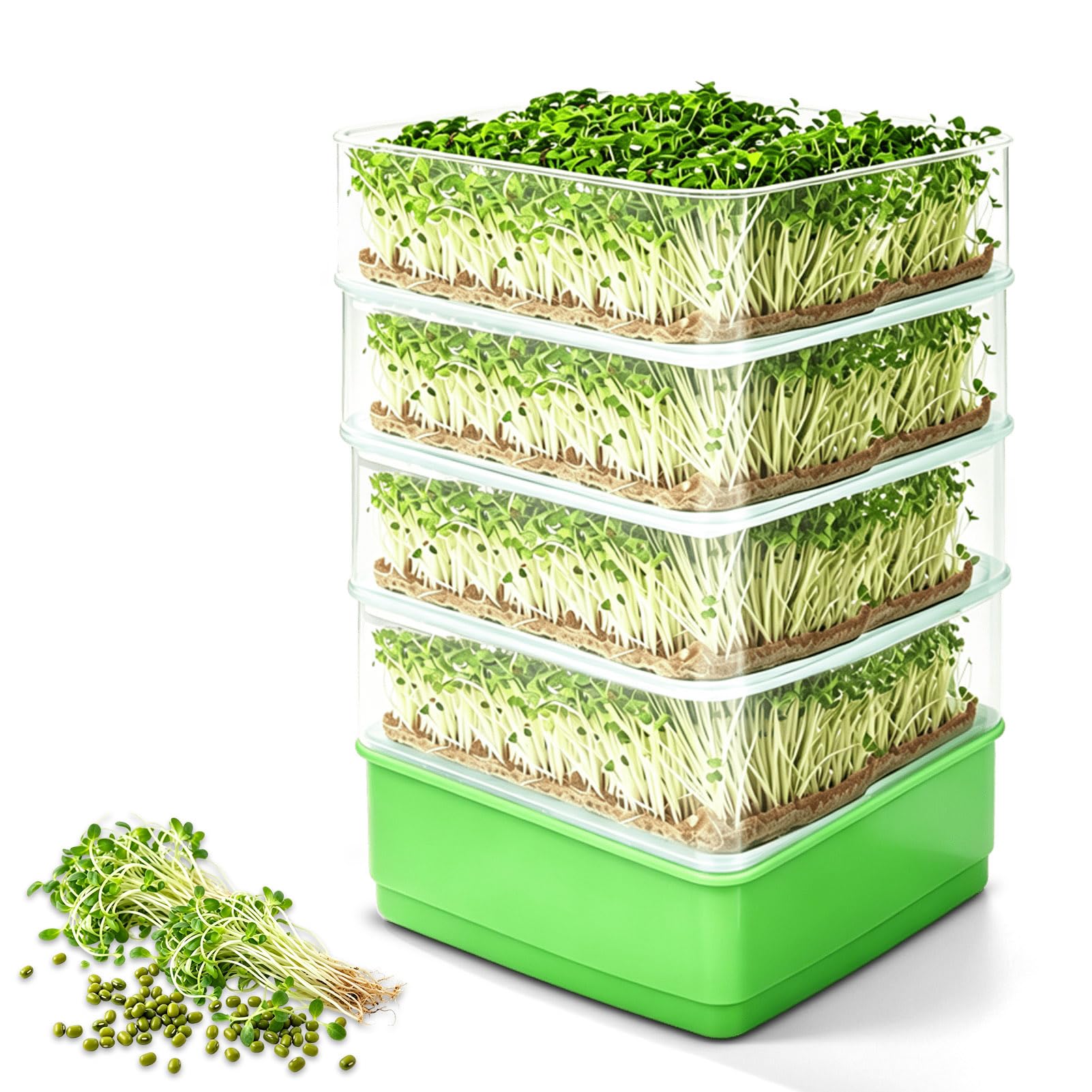 equlup Stackable Sprouter Kit, 4 Tier Space Saving Multipurpose Micro Vegetable Growing Tray for Bean Sprouts Microgreens for Bean Sprouts, Microgreens, Seeds (Without Sunshade)