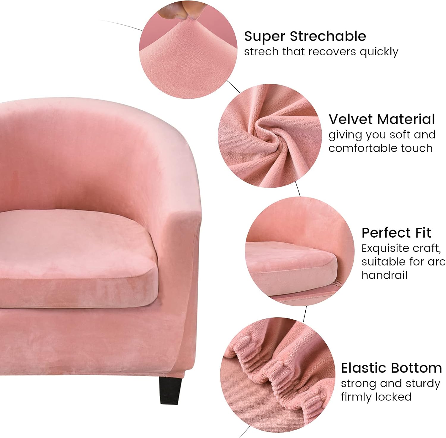 MIFXIN 2 Piece Velvet Tub Chair Covers with Cushion Cover Stretch Soft Removable Tub Chair Slipcovers Armchair Sofa Couch Furniture Protector Cover for Living Room Club Hotel (Pink)