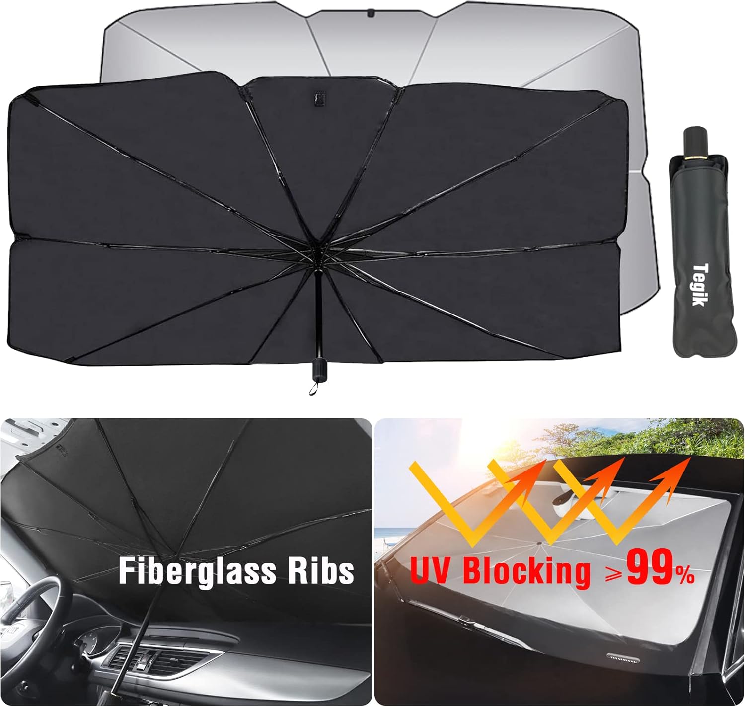Umbrella Sun Shade for Car, Foldable UV Blocking Brella Shield for Car Windshield