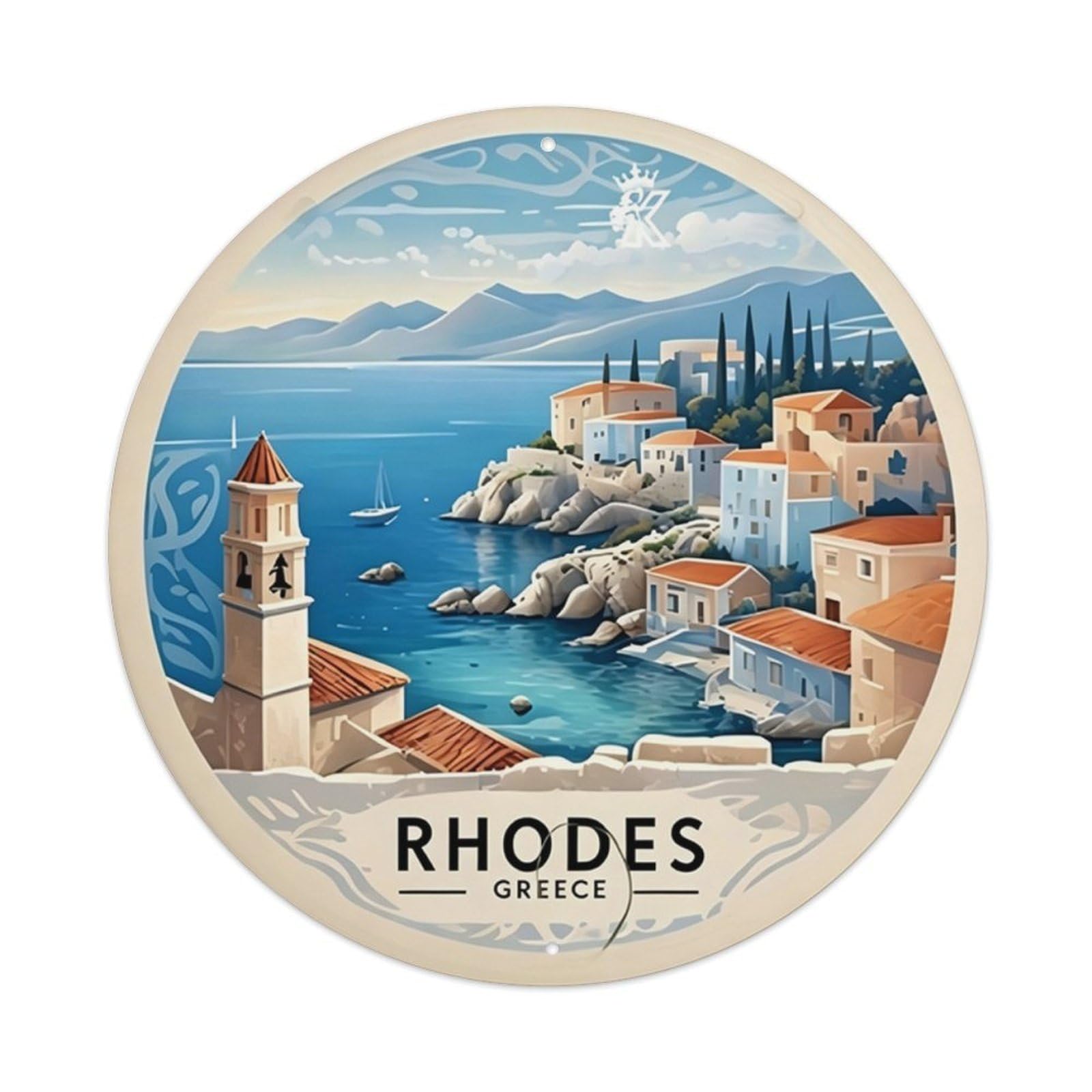 Ldfuieksufg Style Round Rhodes Greece Mediterranean Scenery Wall Sign Travel Decor Vintage Aluminium Metal Sign, Retro Wall Decor For Home, Bar, Garage & Farmhouse 20X20cm