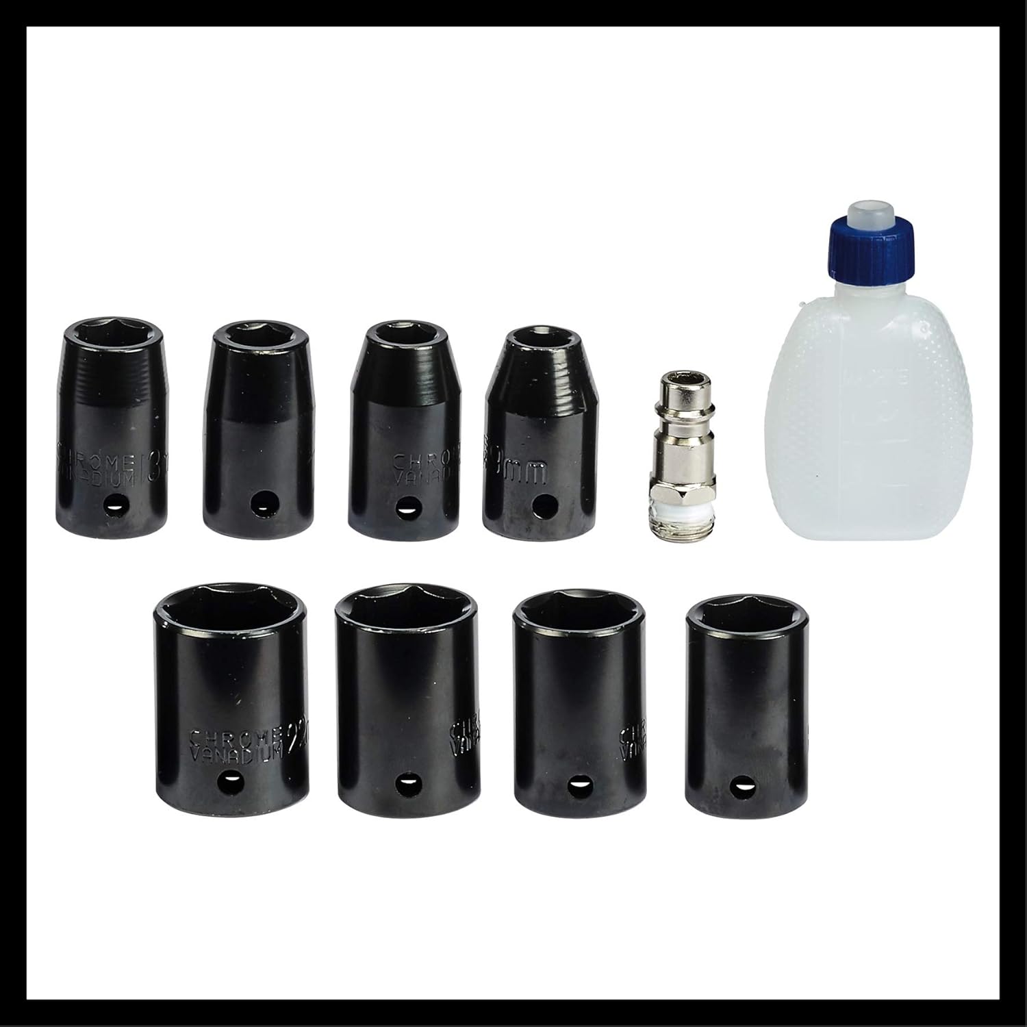 Included accessories: 8 sockets, oil bottle, and plug nipple