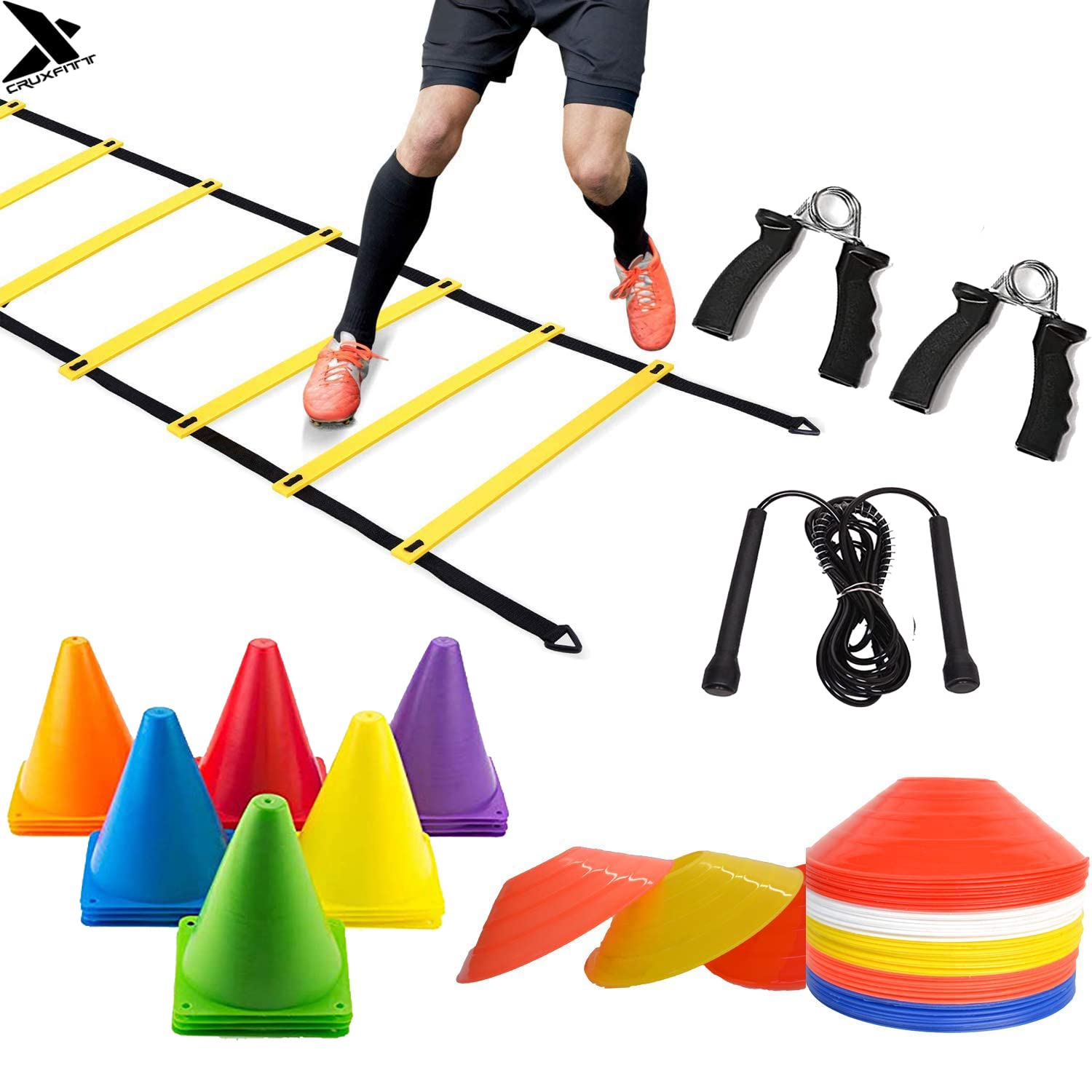 CRUXFITT6 Inch Cones Pack 6,10 Space Markers, 4 Meter Ladder, Pack of 2 of Hand Gripper & Skipping Rope Agility Combos